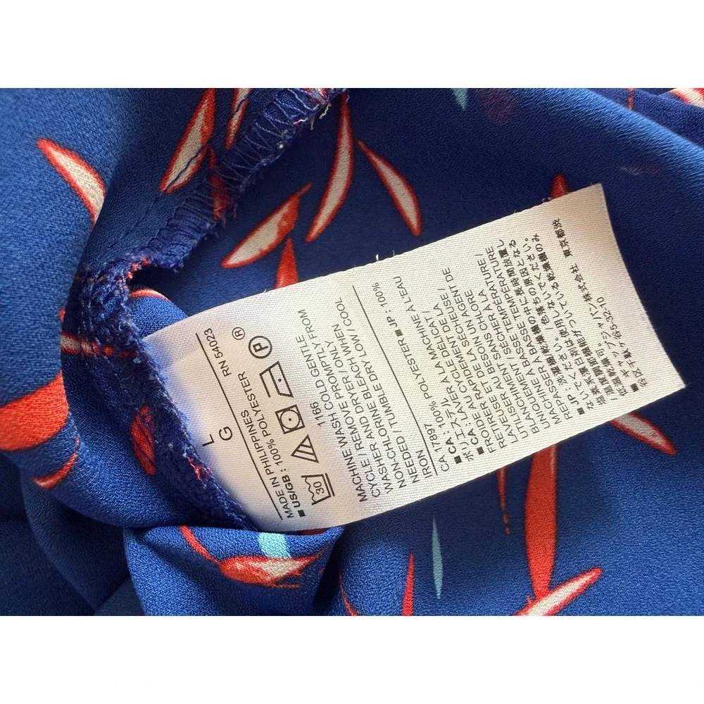 Banana Republic Blue Ruffle High Neck Puff Sleeve Abstract Leaf Print Blouse Top